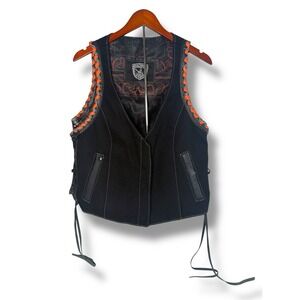Espinoza's Leather Biker Vest Women's Lace-Up Canvas Motorcycle Adjustable Black